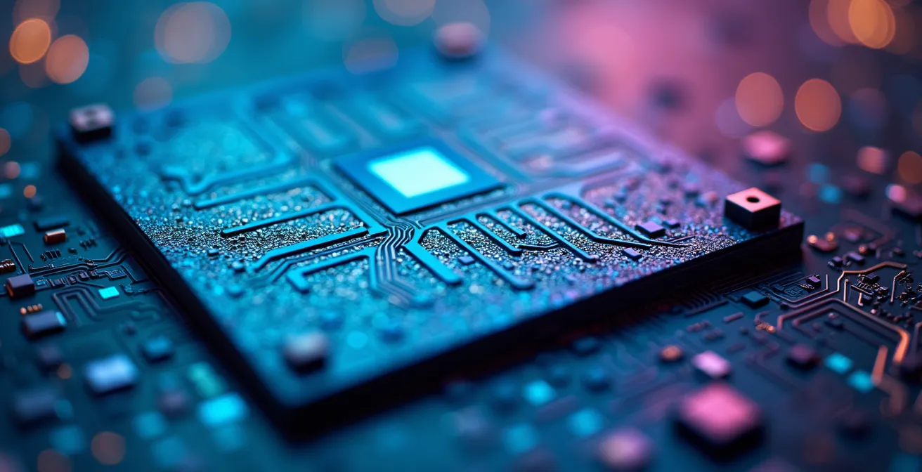 Vue macro d'un wafer de silicium avec détails de surface visibles