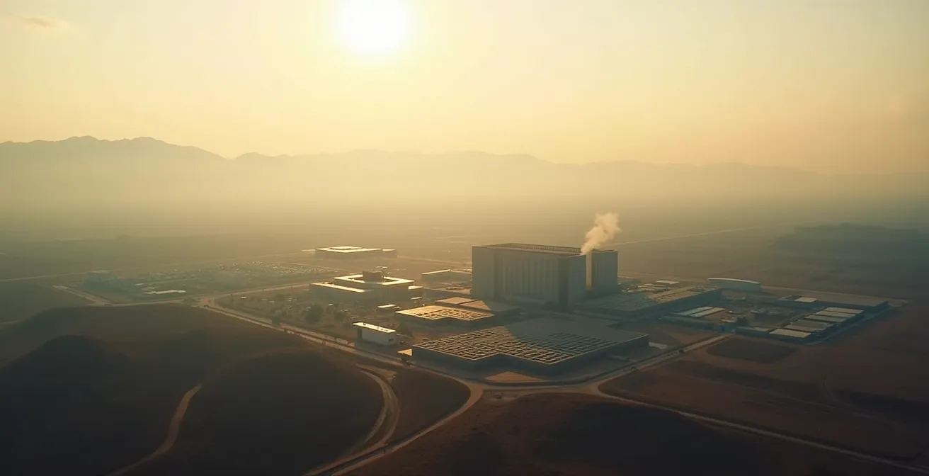 Vue aérienne d'une méga-usine de semiconducteurs dans un paysage industriel