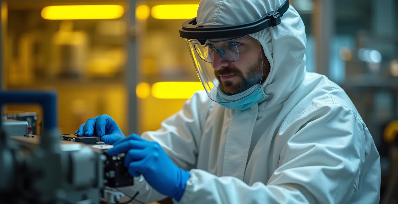Ingénieur en combinaison de protection examinant un équipement de production de semi-conducteurs