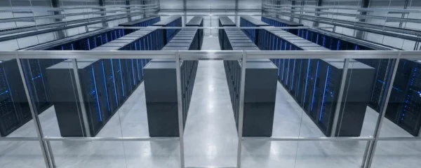 Salle de datacenter moderne avec serveurs en racks et éclairage LED