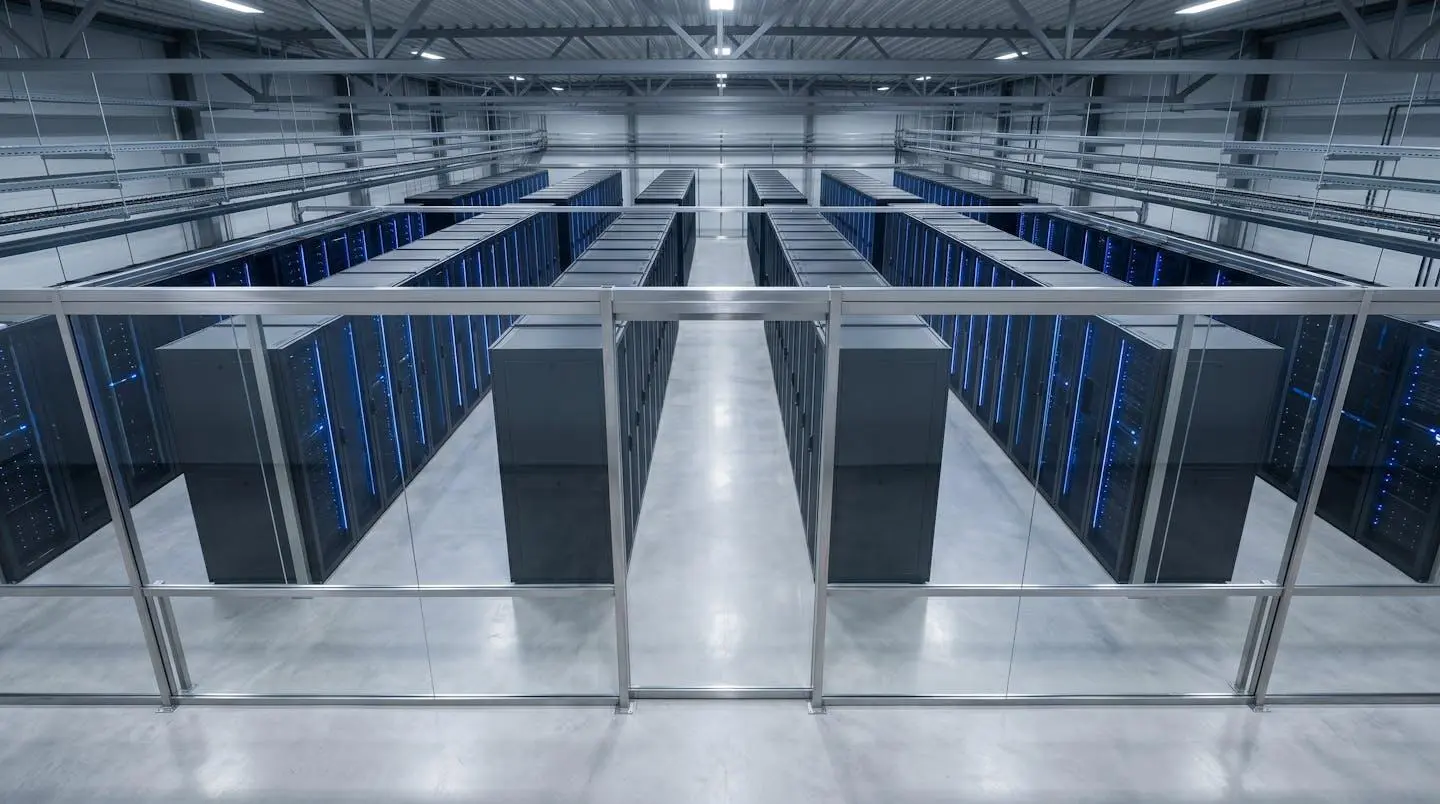 Salle de datacenter moderne avec serveurs en racks et éclairage LED