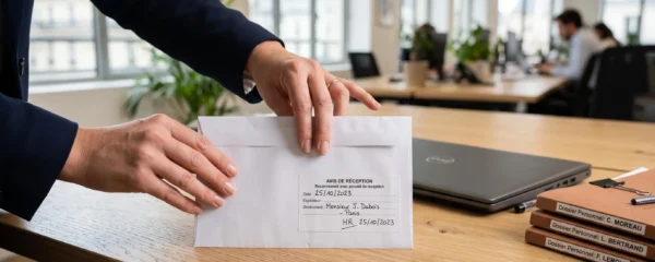 Les mains d'un professionnel des ressources humaines ferment une enveloppe de courrier recommandé sur un bureau de bureau.