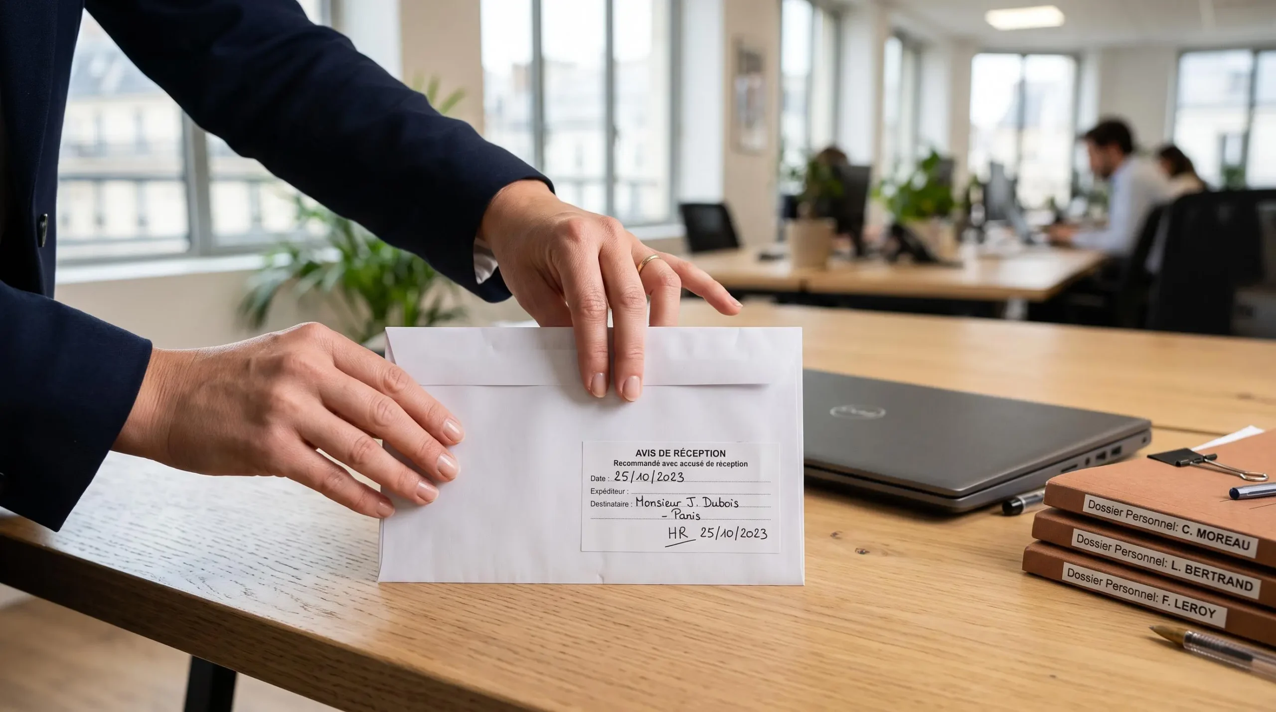 Les mains d'un professionnel des ressources humaines ferment une enveloppe de courrier recommandé sur un bureau de bureau.