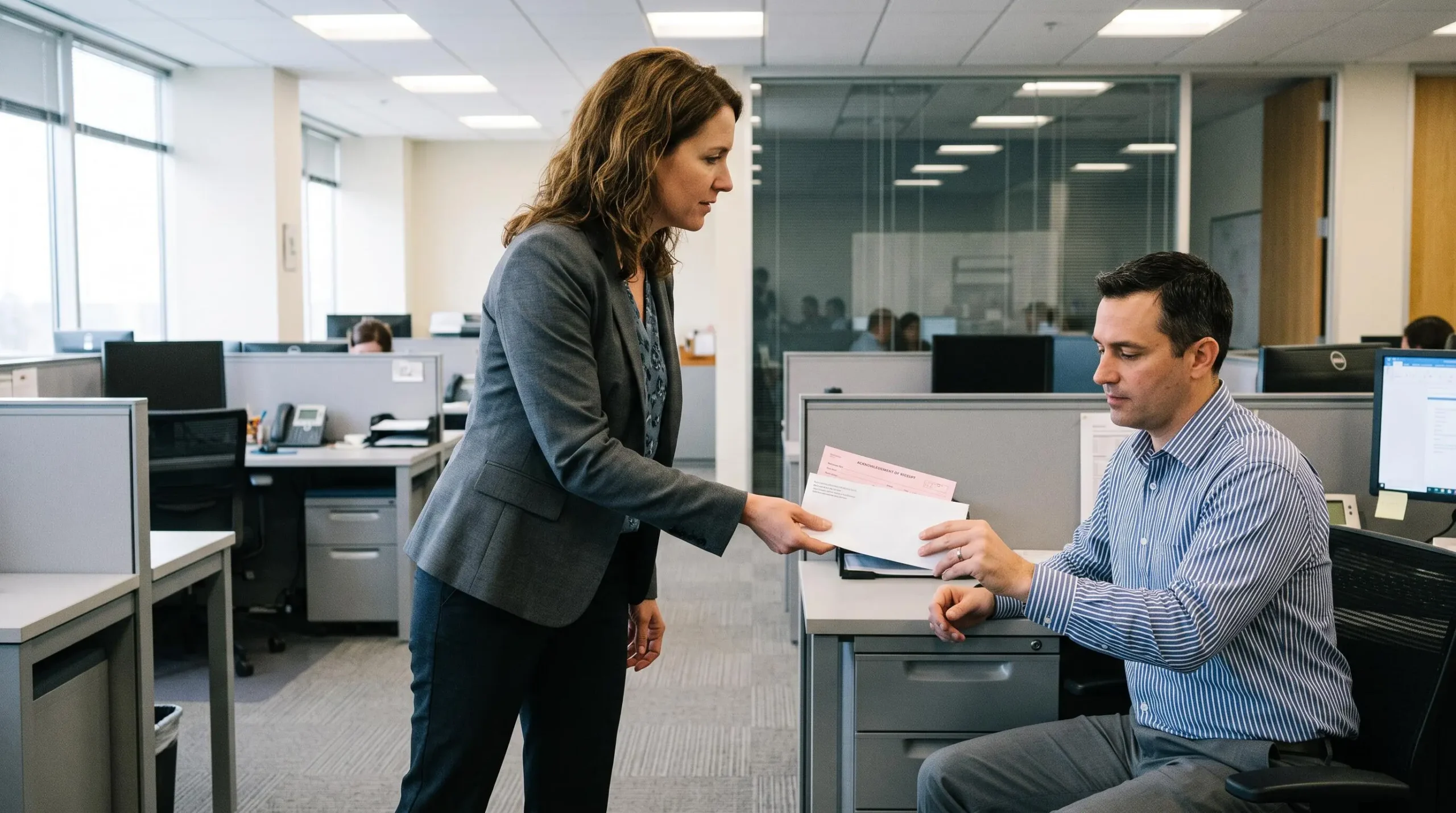 Une responsable des ressources humaines remet une enveloppe de courrier recommandé à un salarié assis à son poste dans un open space.