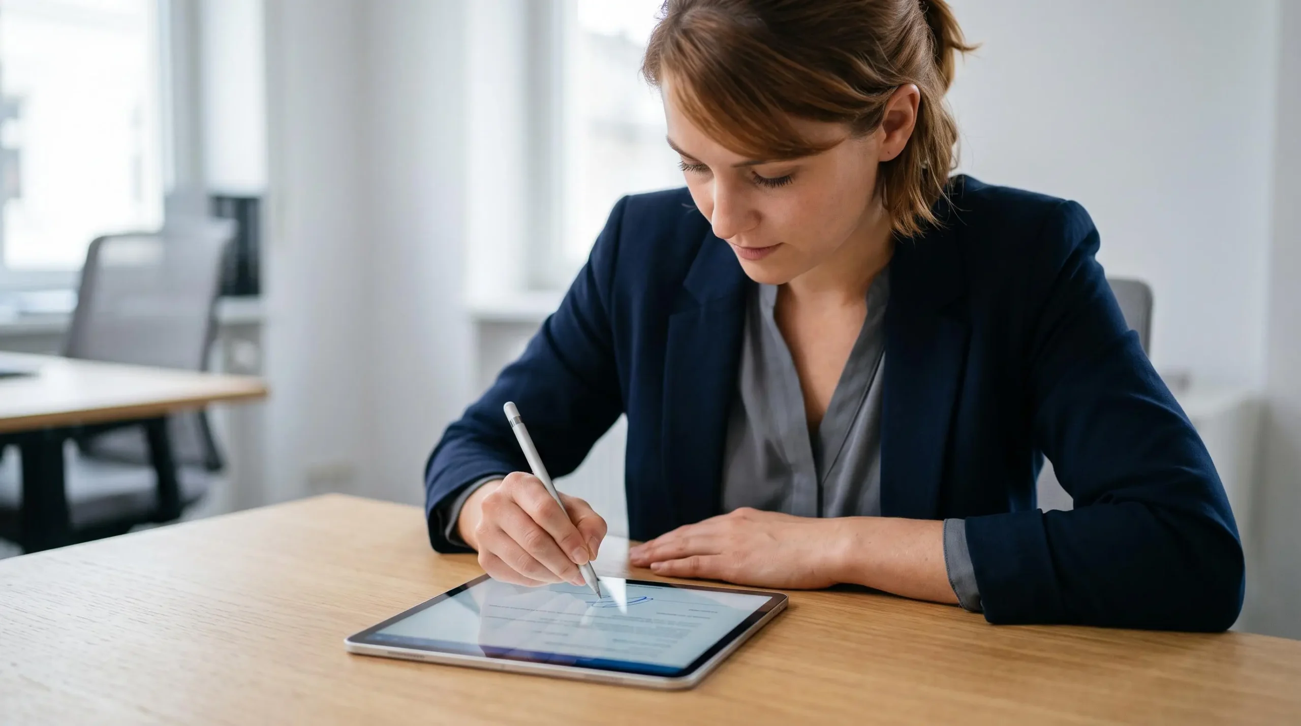 Une employée administrative signe un document sur une tablette posée sur son bureau à l'aide d'un stylet.